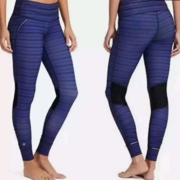 Athleta Leggings Purple Black Stripe Womens Medium Zip Pocket Reflective - Picture 1 of 8